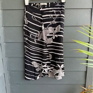 Halston Heritage Silk Floral Stripe Bias Midi Skirt Black White Size 2‎